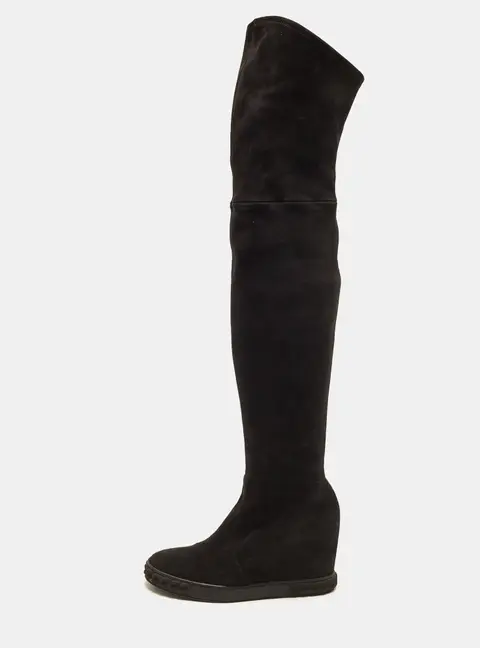 Casadei Size 38 Black Suede Wedge Knee Length Boots