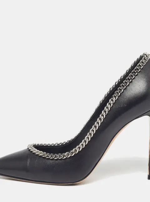 Casadei Blade Size 38 Black Leather Braided Chain Pointed Toe  Pumps