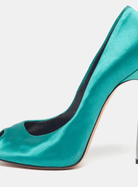 Casadei Blade Size 36.5 Green Satin Peep Toe Pumps