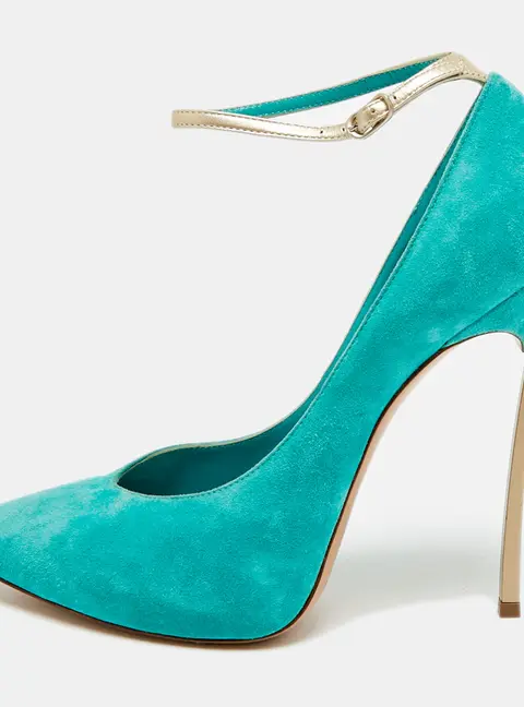 Casadei Blade Size 38 Sea Green/Metallic Leather and Suede Ankle Strap Pumps