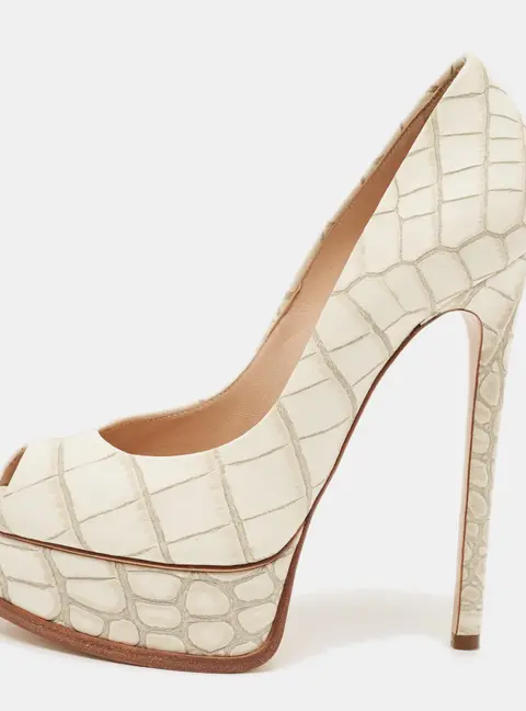 Casadei Size 37 Cream Croc Embossed Leather Platform Pumps