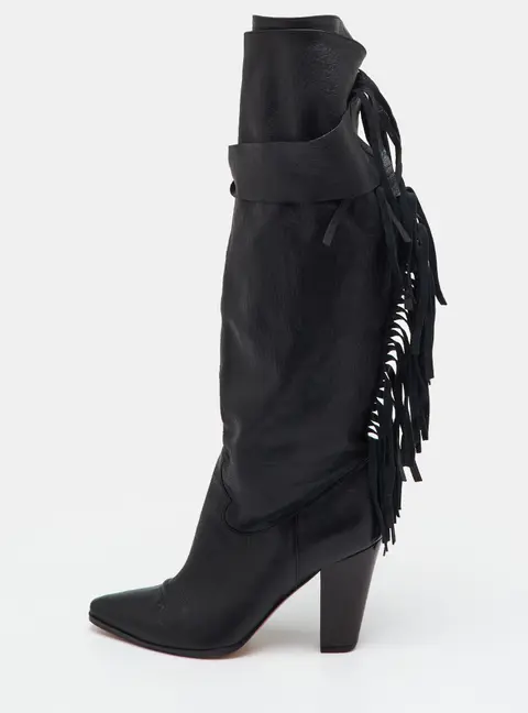 Casadei Size 36.5 Black Leather Fringe Detail Knee Length Boots