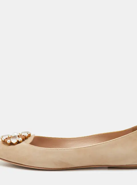 Casadei Size 39 Beige Suede Crystal Embellished Pointed Toe Ballet Flats