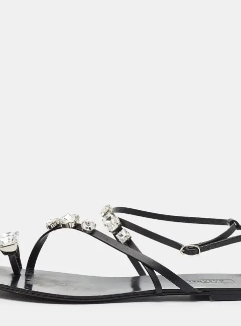 Casadei Size 41 Black Leather  Crystal Embellished Ankle Strap Flat Sandals