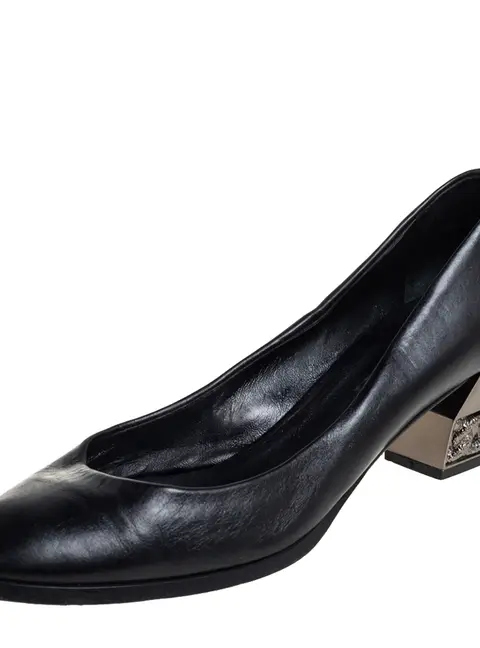 Casadei Black Leather Chain Embellished Block Heel  Pumps Size 40