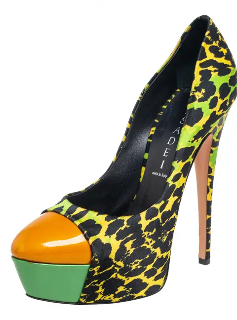Casadei Multicolor Satin And Patent Leather Cap Toe Platform Pumps Size 37.5