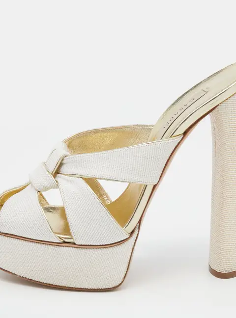 Casadei White/Gold Woven Straw and Leather Platform Sandals Size 39