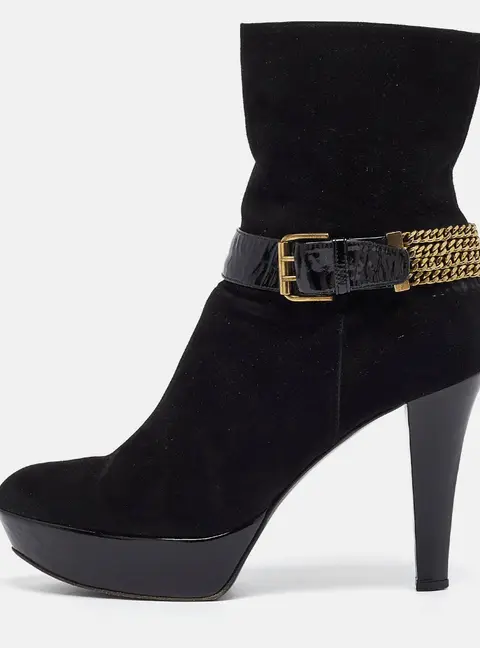 Casadei Black Suede Buckle Chain Embellished Platform Ankle Boots Size 38
