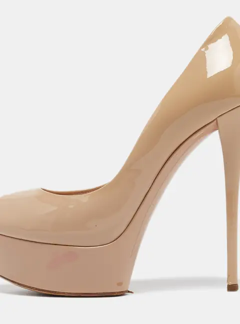 Casadei Beige Patent Leather Platform Peep Toe Pumps Size 39.5