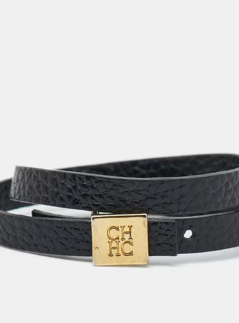 Carolina Herrera CH Black Leather Gold Tone Wrap Bracelet