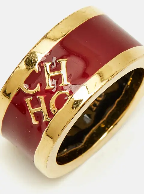Carolina Herrera CH Logo Red Enamel Gold Tone Band Ring Size 54