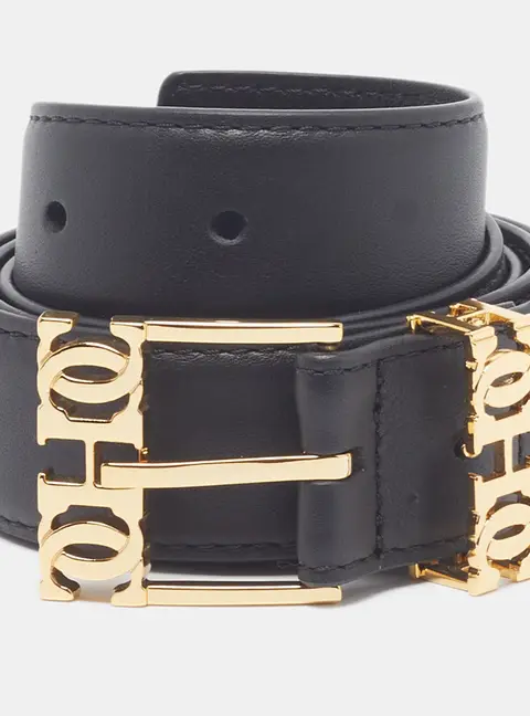 Carolina Herrera Logo 85CM Buckle Belt Black Leather