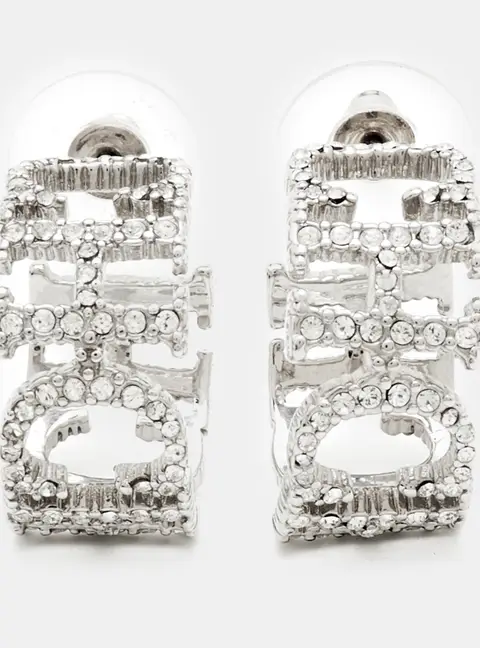 Carolina Herrera CH Crystal Studded Logo Silver Tone Hoop Earrings
