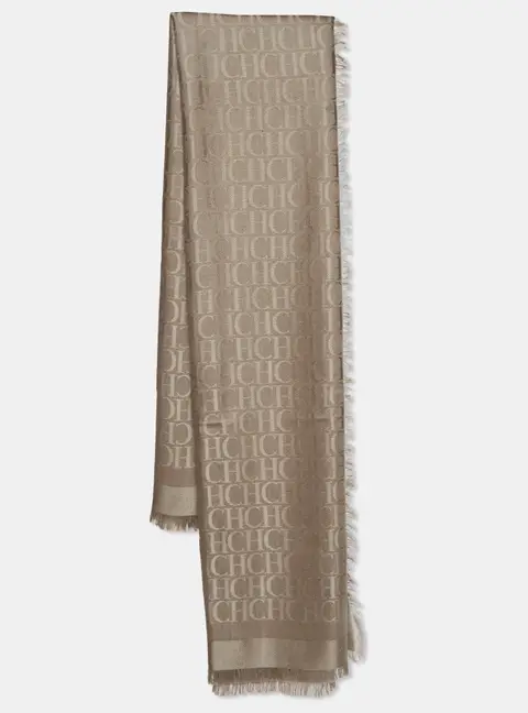 Carolina Herrera Beige Monogram Silk and Wool Blend Shawl
