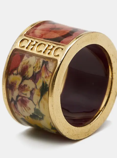 Carolina Herrera CH Enamel Gold Tone Ring Size 53