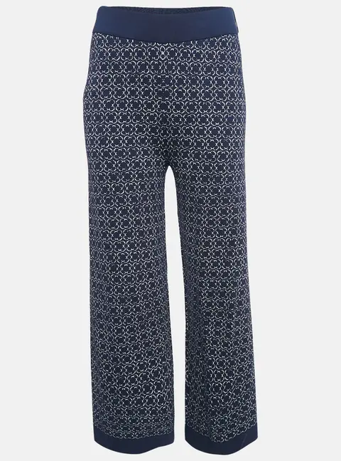 Carolina Herrera Navy Blue Patterned Jersey Wide-Leg Pants XS