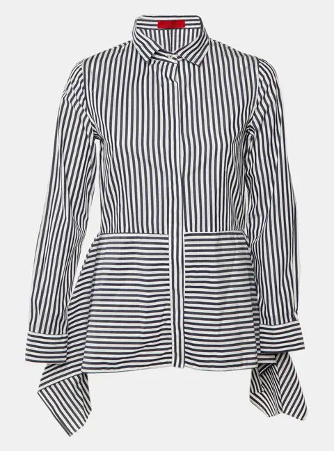 CH Carolina Herrera Navy Blue & White Striped Cotton Asymmetric Hem Shirt M