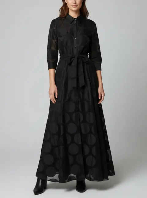 Carolina Herrera Black Polka Dot Organza Jacquard Collared Long Gown M
