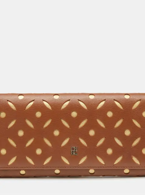 Carolina Herrera Brown/Gold Leather Lasercut Flap Continental Wallet