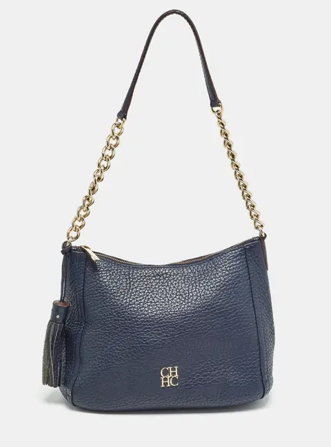 Carolina Herrera Navy Blue Leather Maria Tassel Hobo