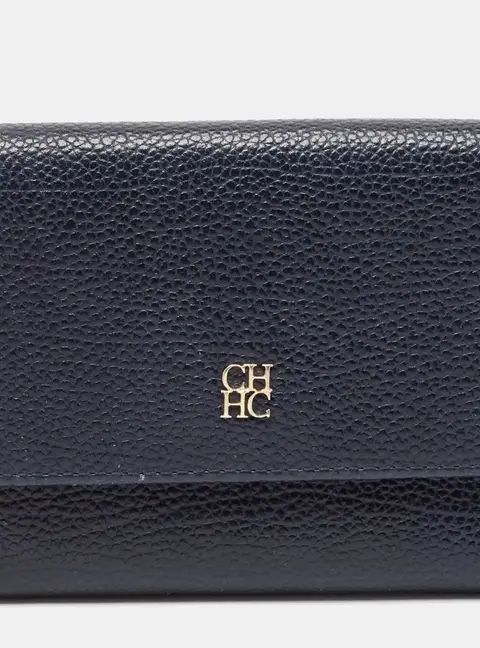 Carolina Herrera Navy Blue Leather Logo Trifold Wallet