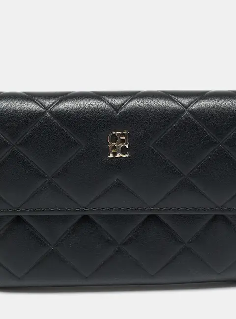 Carolina Herrera Black Quilted Leather Flap Compact Wallet