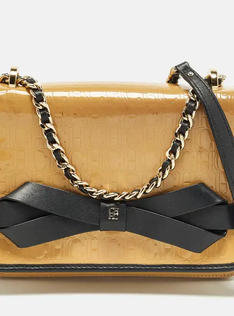 Carolina Herrera Bow Beige/Black Monogram Embossed Patent and Leather Shoulder Bag