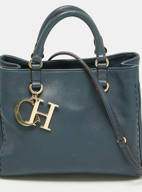 Carolina Herrera Charm Navy Blue Leather Tote