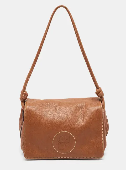 Carolina Herrera Logo Embossed Flap Brown Leather Shoulder Bag