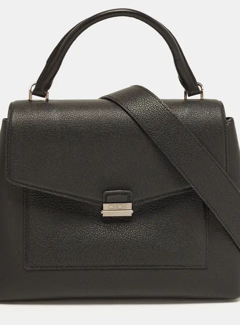 Carolina Herrera Logo Flap Black Leather Top Handle Bag