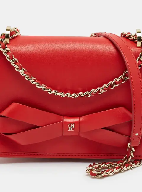 Carolina Herrera Bow Flap Red Leather Shoulder Bag