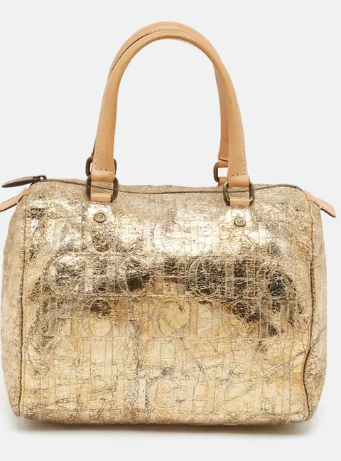 Carolina Herrera Andy Gold Monogram Embossed Crackled Patent Leather Boston Bag