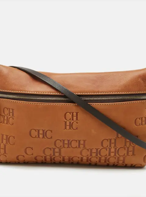 Carolina Herrera Tan/Brown Monogram Embossed Leather Slim Crossbody Bag