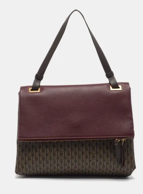 Carolina Herrera Flap Burgundy/Brown Monogram Coated Canvas Leather Top Handle Bag