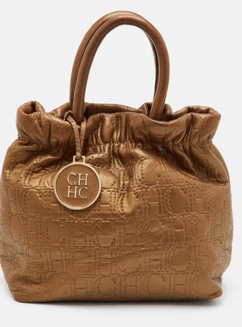 CH Carolina Herrera Metallic Gold Monogram Leather Bucket Bag