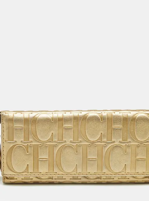 Carolina Herrera Gold Monogram Embossed Leather Trifold Wallet