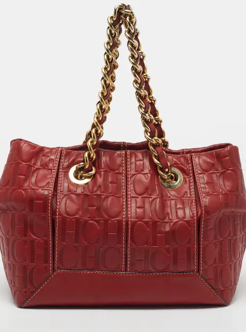 Carolina Herrera Chain Red Monogram Embossed Leather Tote