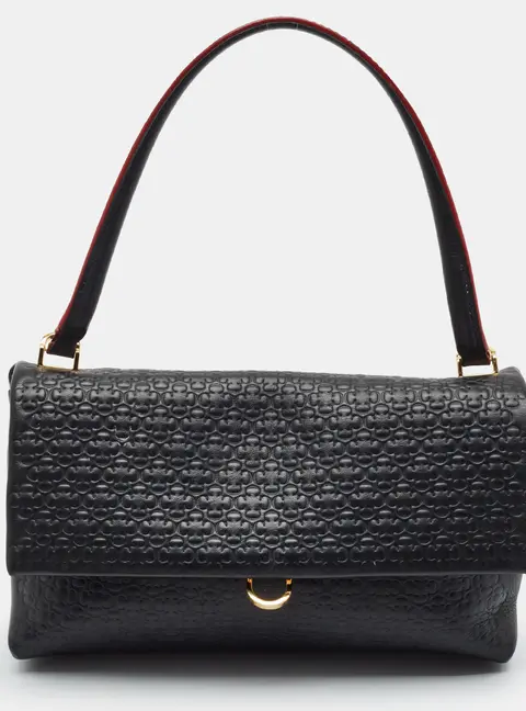 Carolina Herrera Camelot Medium Black Monogram Embossed Leather Top Handle Bag