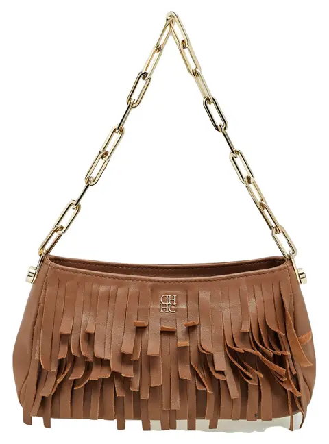 Carolina Hererra Brown Leather Fringe Chain Shoulder Bag