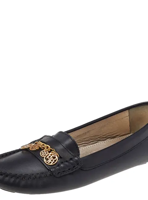 CH Carolina Herrera Black Leather Logo Charm Detail Slip On Loafers Size 39