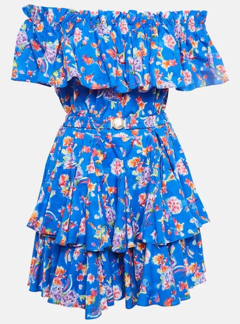 Caroline Constas Blue Printed Cotton Blend Ruffled Mini Dress M