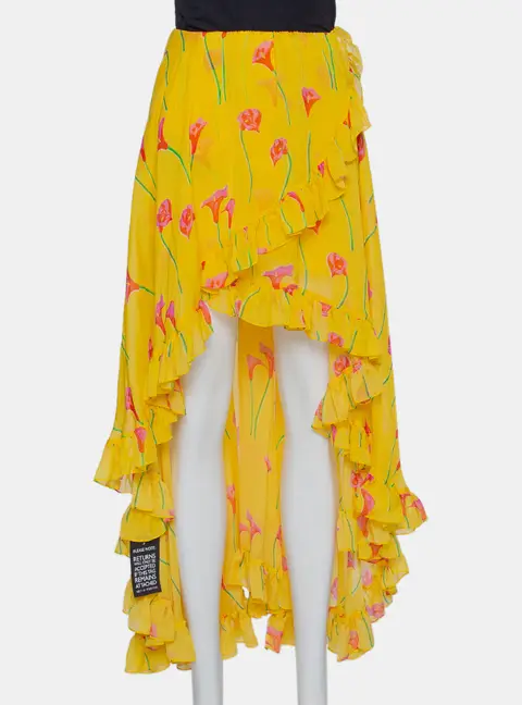 Caroline Constas Yellow Printed Silk Ruffled Asymmetric Hem Adelle Midi Skirt M