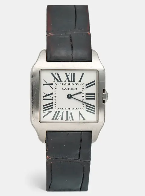 Cartier Santos-Dumont 2789 Silver Dial 18k White Gold Alligator Leather Women's Wristwatch 30 mm