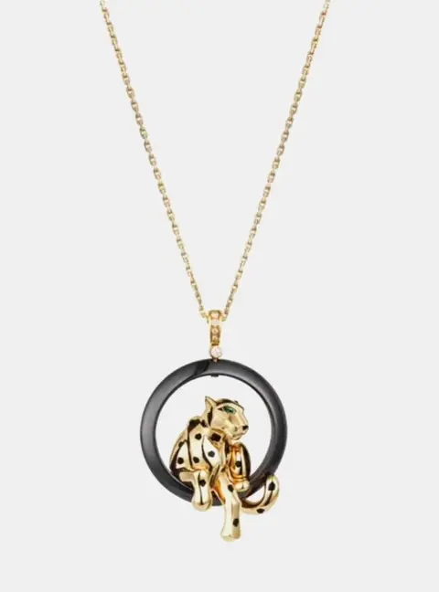 Cartier Panthere De Cartier 18k Yellow Gold Diamond Black Ceramic Bezel Tsavorite Garnet Necklace