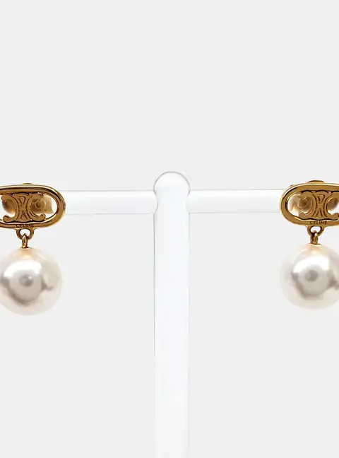 Celine Triomphe Gold Plated Pearls Earrings