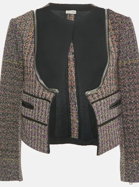 Celine Multicolor Tweed Zip Detail Open Front Jacket M