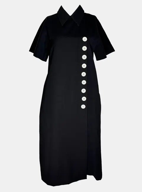 Celine Phoebe Philo Resort 2016 Contrast Button Black Cotton Women's Shift Dress S