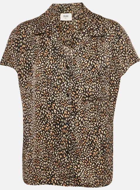 Celine Brown Leopard Print Silk Short Sleeve Shirt M