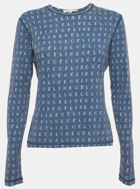 Celine Blue Logo Print Jersey Long Sleeve Top L