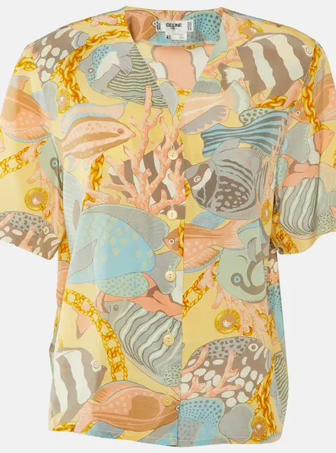 Celine Multicolor Fish Print Silk Button Front Blouse L
